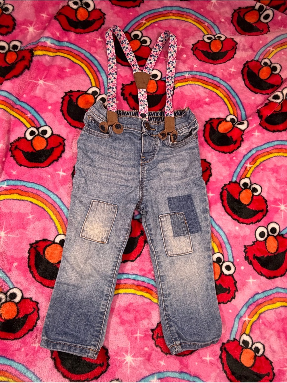 OshKosh B'gosh 24M Patchwork Denim Overalls with Floral Suspenders
